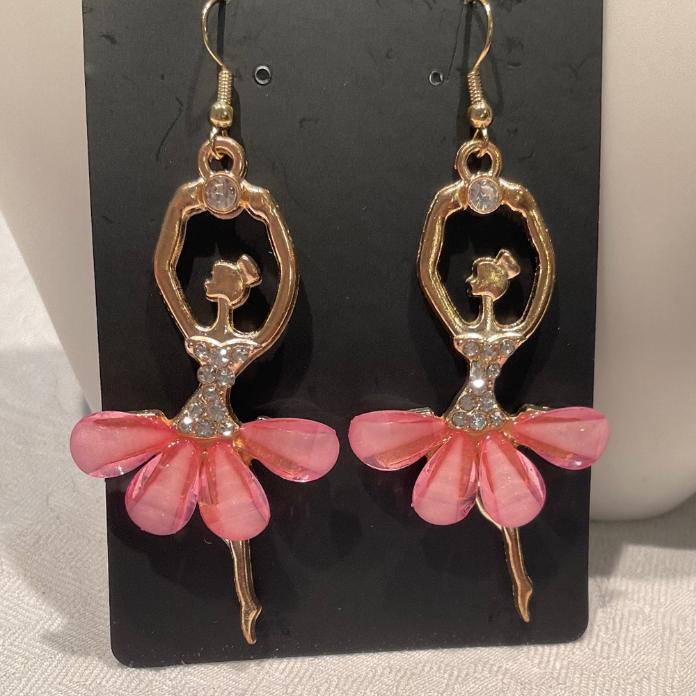 Ballerina Hook Earrings w/Pink and White Rhinestones in Gold Tone Setting